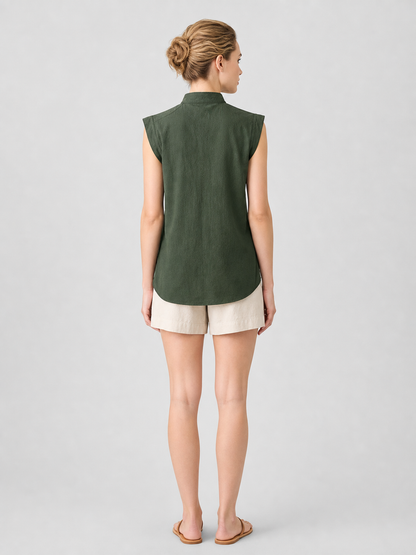 Lace-Up Vest with Stand Collar, Dark Green