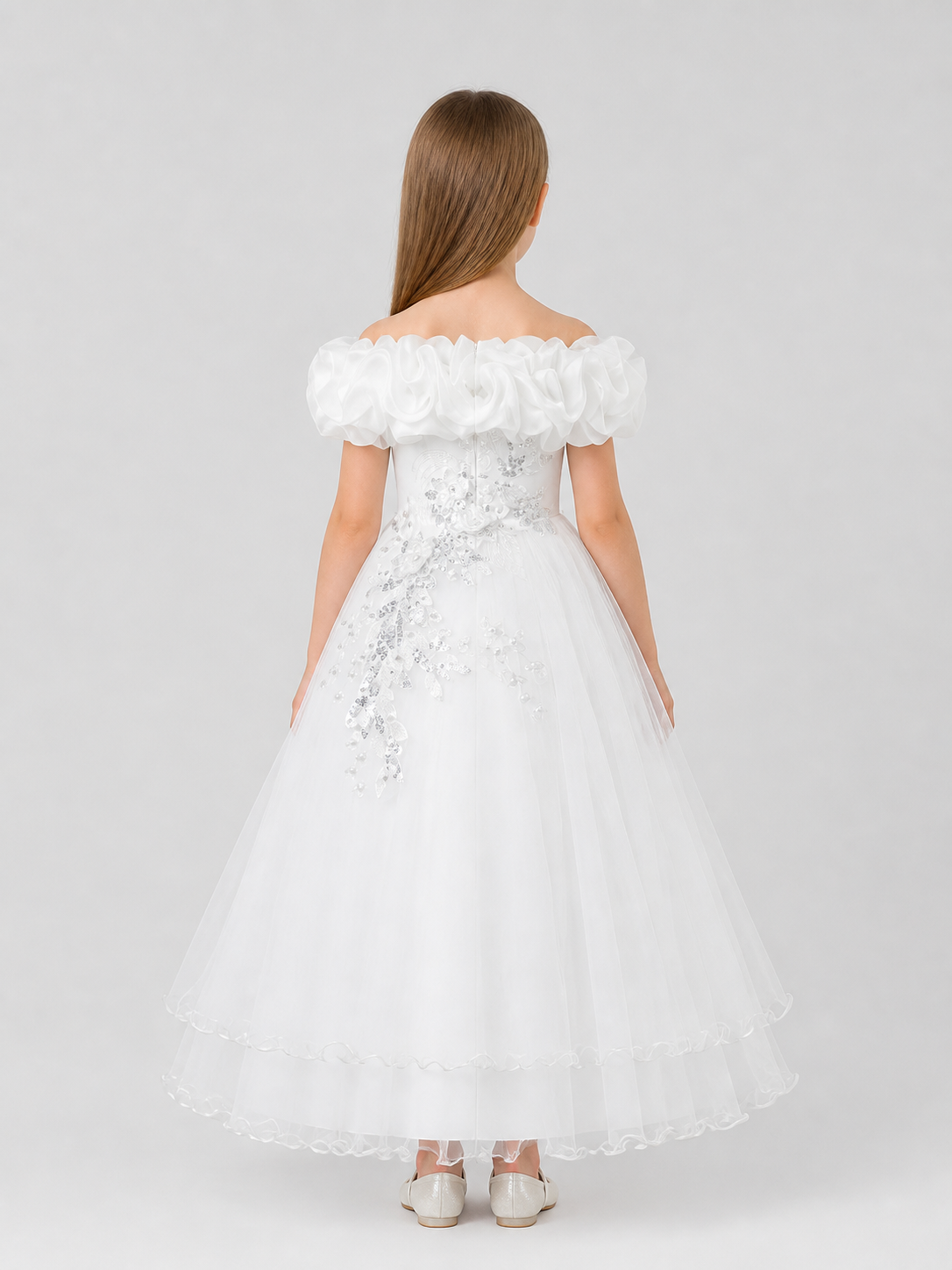 White Princess Dress, Full One-Shoulder Style with Ruffles back view