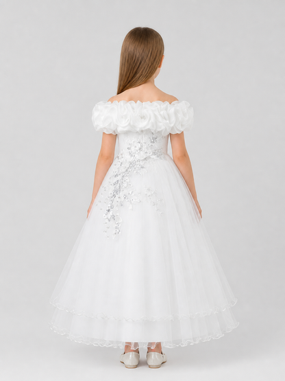 White Princess Dress, Full One-Shoulder Style with Ruffles back view