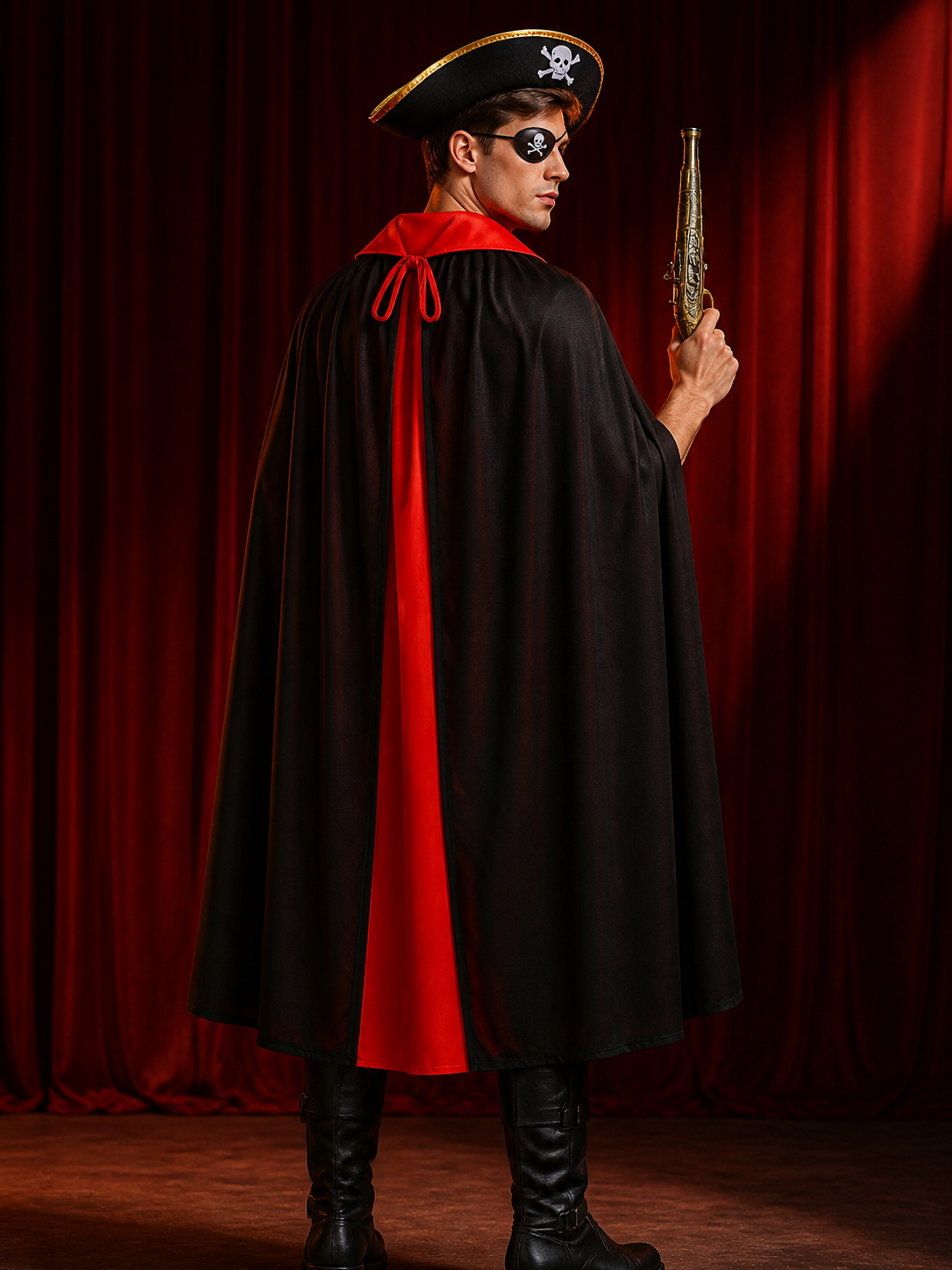 Pirate Costume Set, Black Red Double-Sided Cape with Skull Hat, Eye Patch and back view