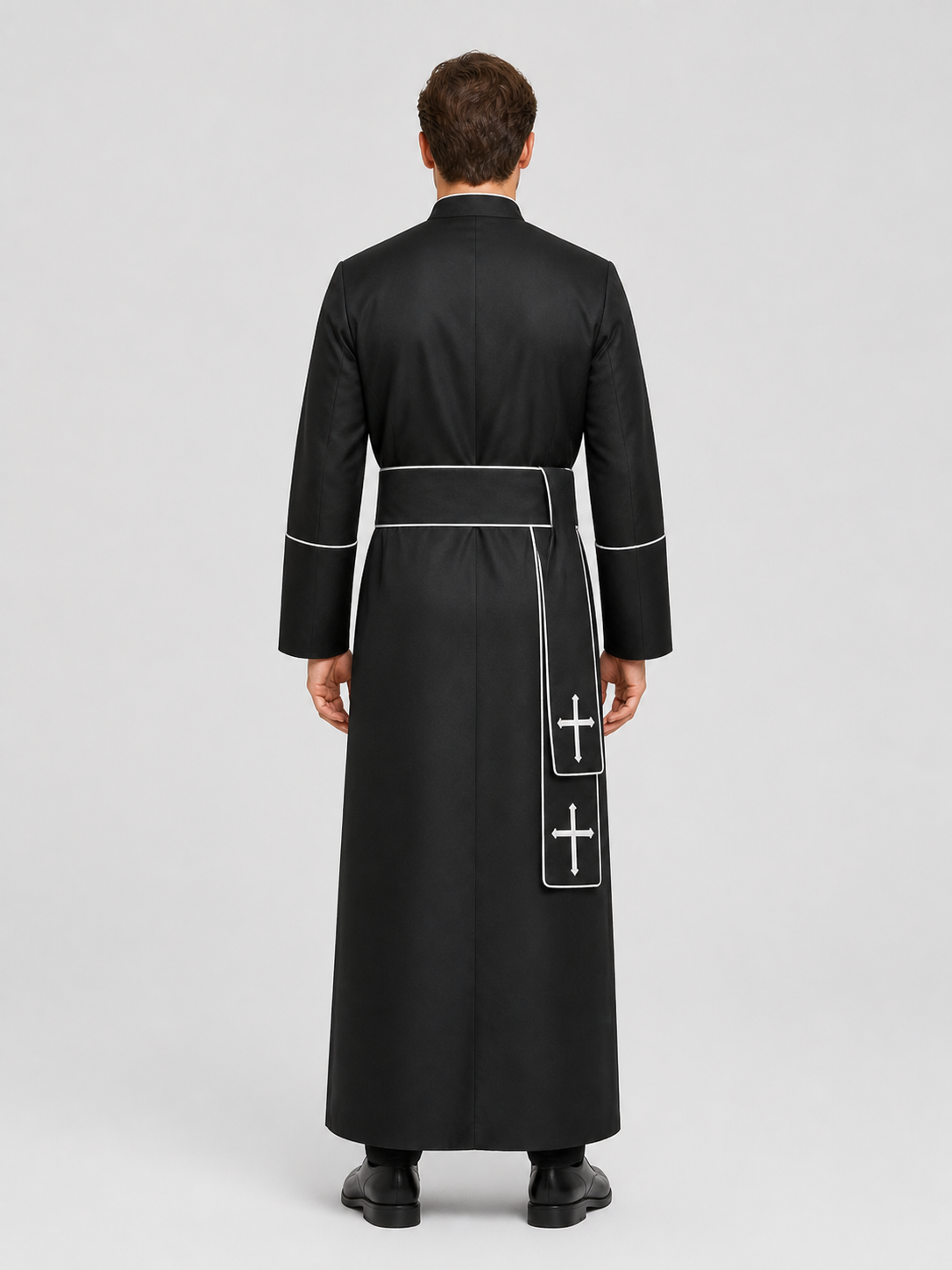 Long Black Cassock with a Cross for a Priest Costume back view