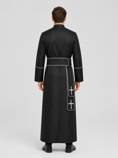 Long Black Cassock with a Cross for a Priest Costume back view