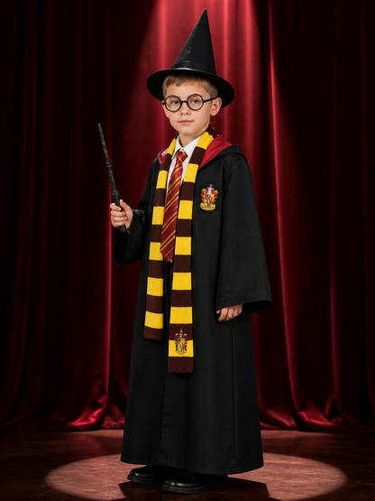 Wizard Robe Costume Set with Hat, Glasses, Wand, Scarf, Shirt and Tie back view