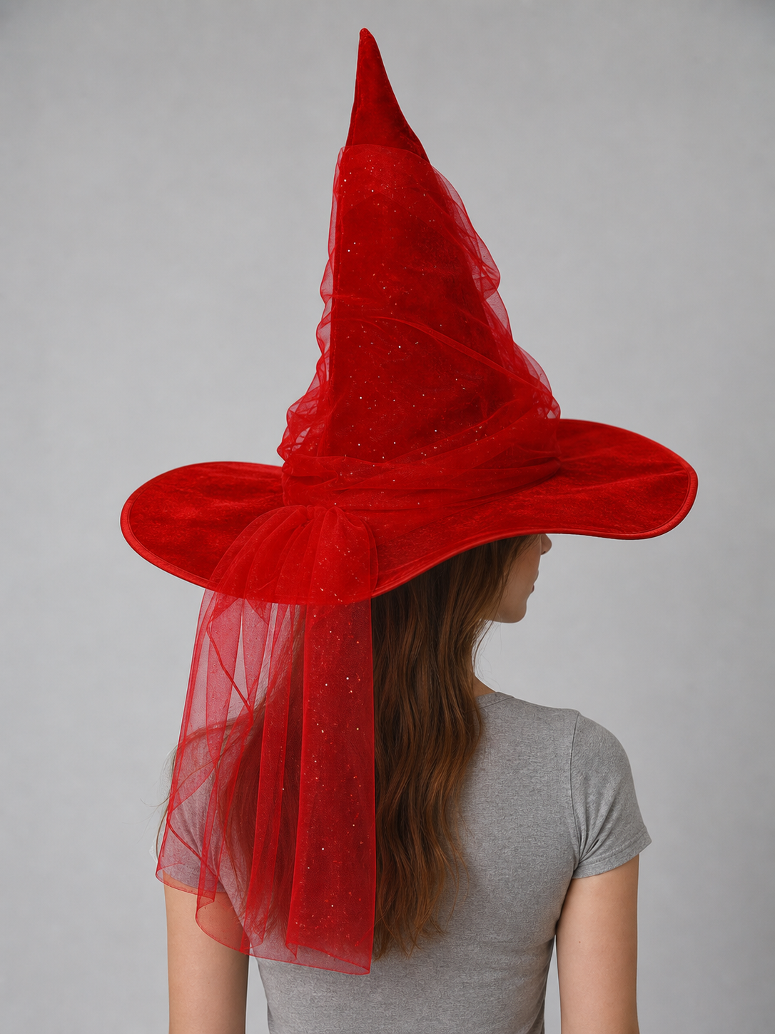 1pc Red Halloween Witch Hat with Very Tall Pointed Crown, Extra-Wide Floppy Brim and Sheer Glitter-Speckled Overlay for Cosplay Parties