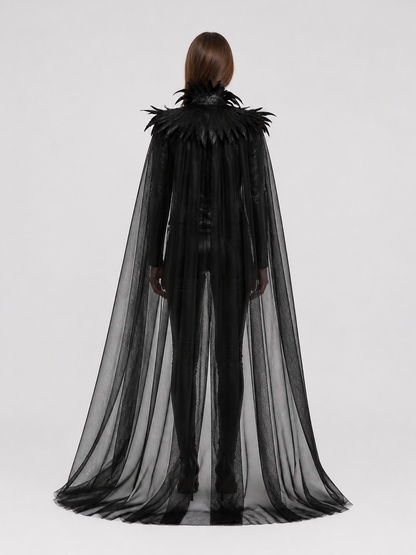 Gothic Set: Black Horned Cape with Feathers