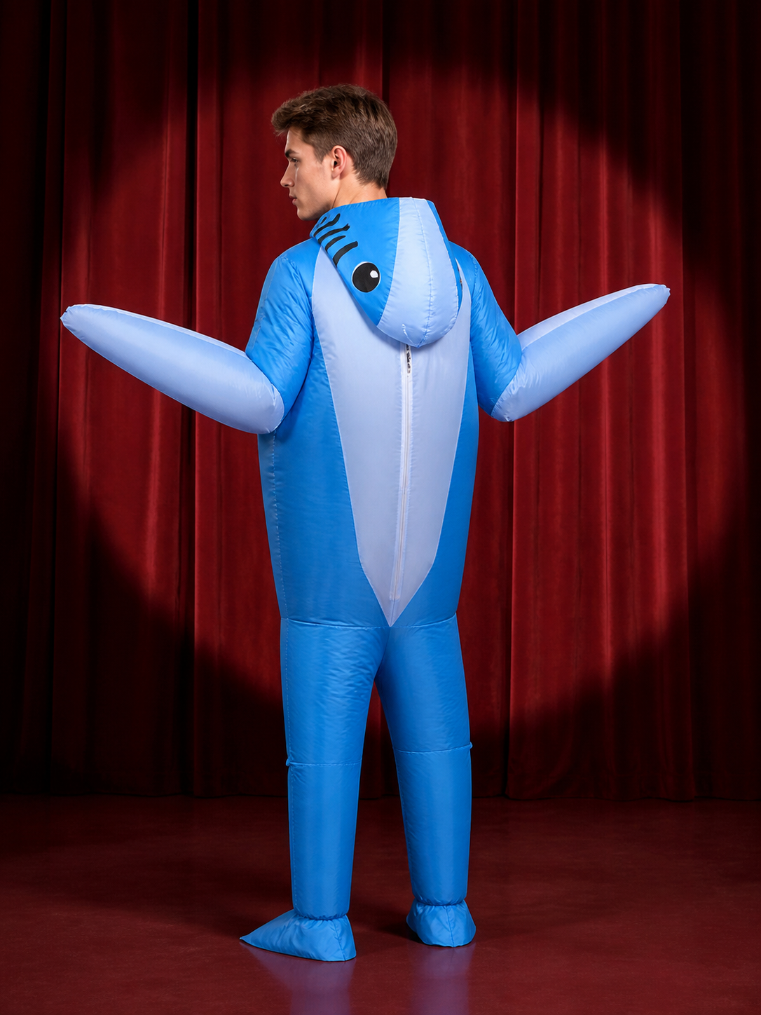 Adult Shark Inflatable Costume, Blue White Fins Bodysuit Halloween Party Outfit back view