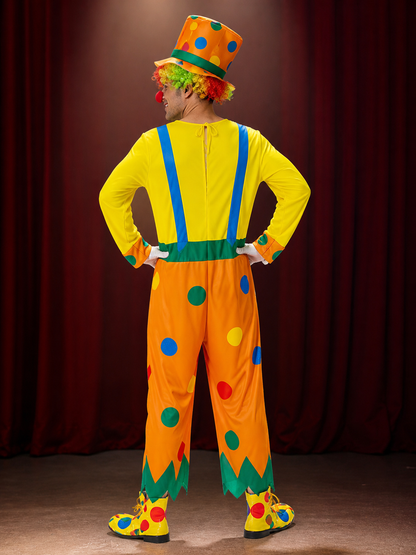 Unisex Clown Jumpsuit Costume with Polka Dot Print and Matching Hat back view