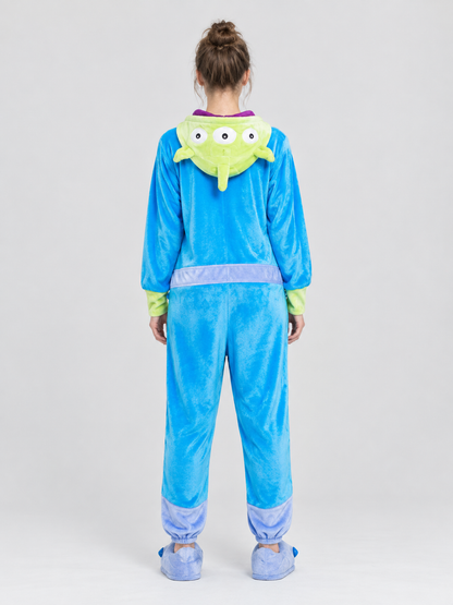 Blue Pajama Jumpsuit with Hood and Appliqués