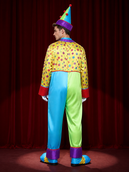 Adult Unisex Clown Jumpsuit Costume, Colorful Dot Print Bodysuit with Matching back view
