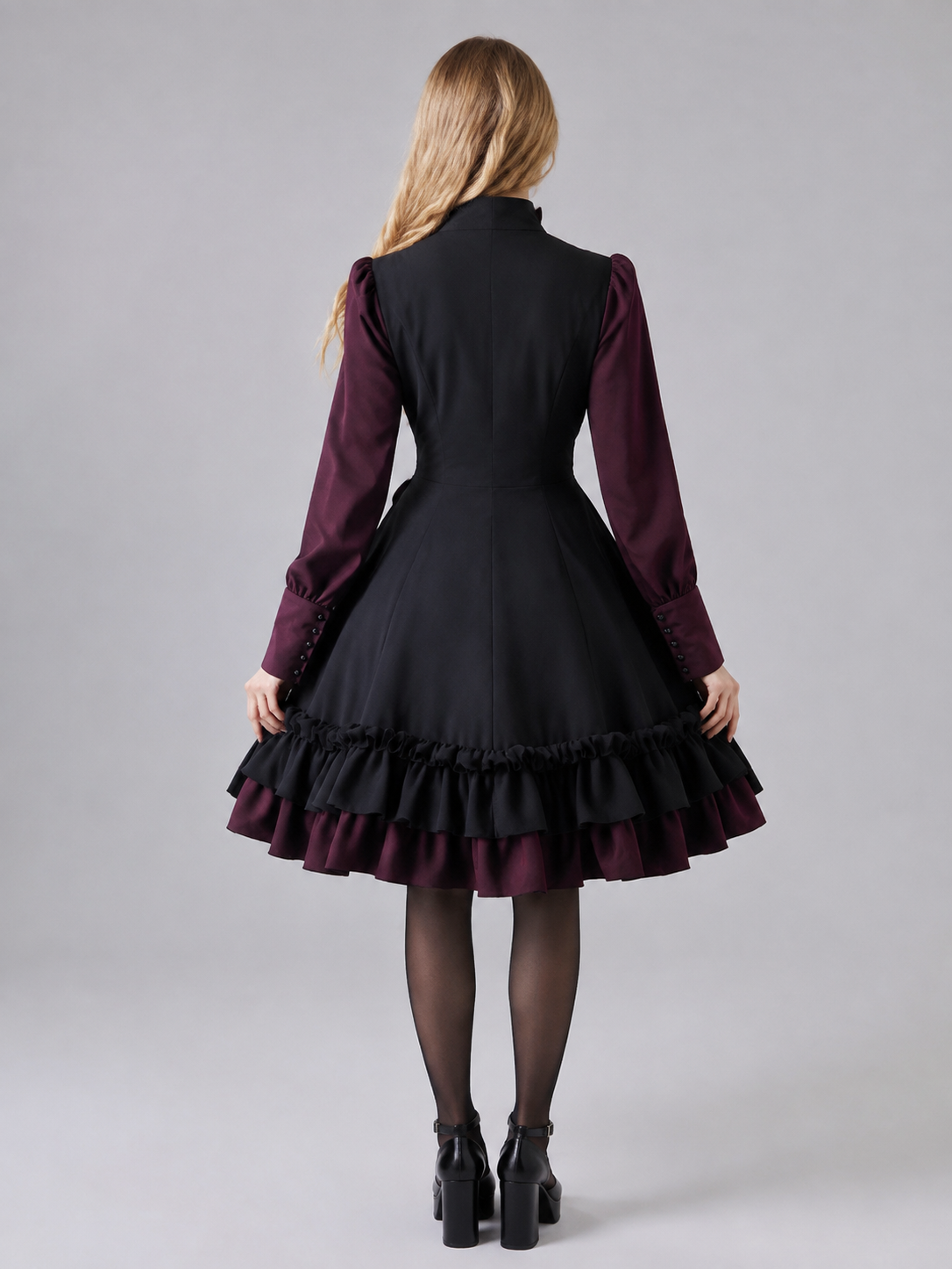 Gothic Dress with Bow, Ruffles, and High Collar back view