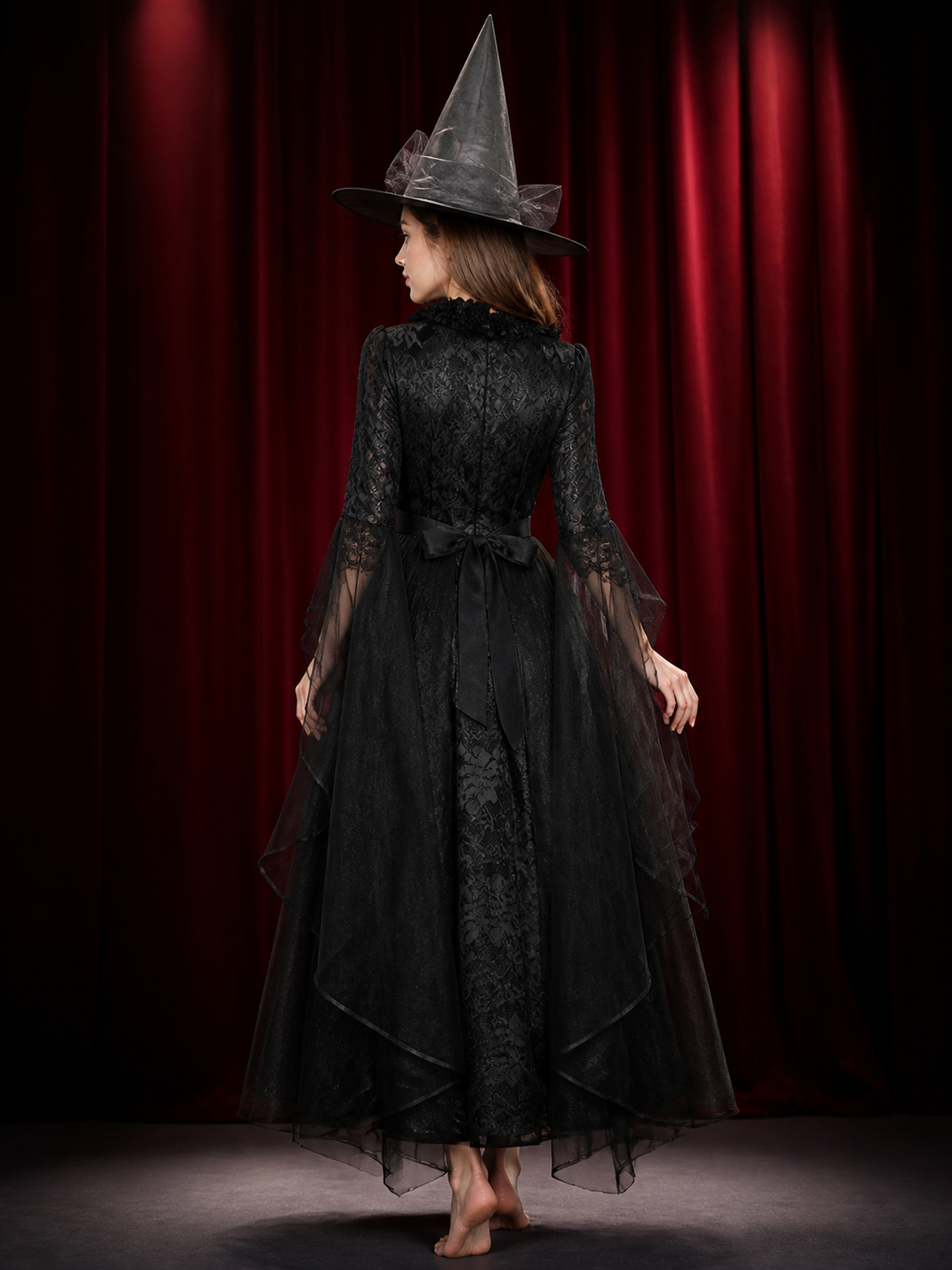 Black Witch Costume Dress with Layered Skirt and Hat, Halloween Outfit back view