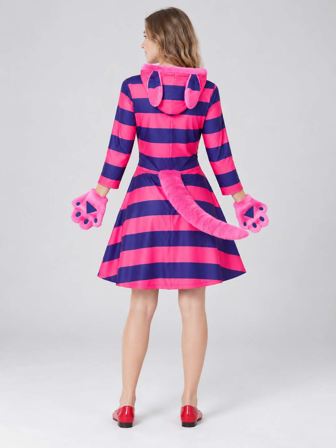 Pink carnival costume with a hood, ears, and tail