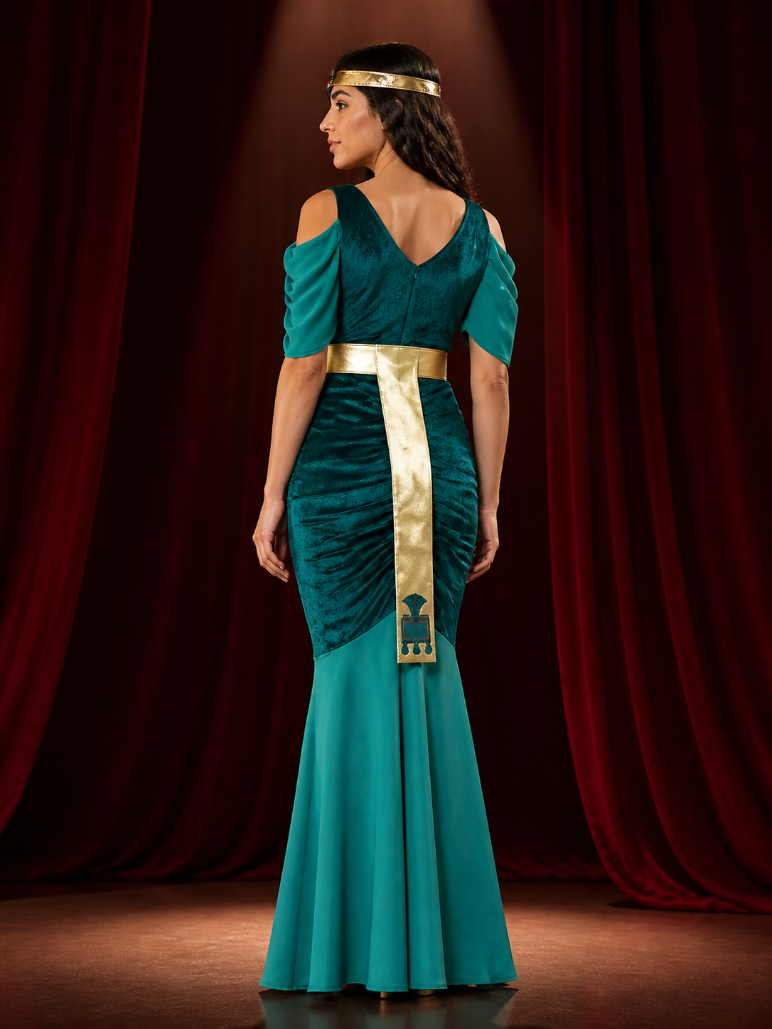 Cleopatra Cosplay Costume, Blue-Green Long Dress with Gold Egyptian Details back view