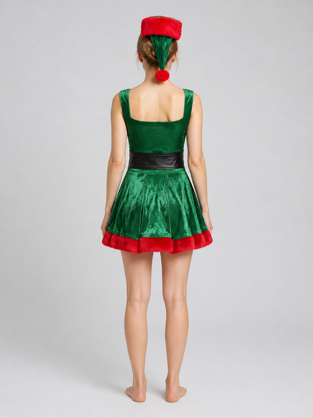 Red and Green Christmas Elf Costume with Hat and Belt back view