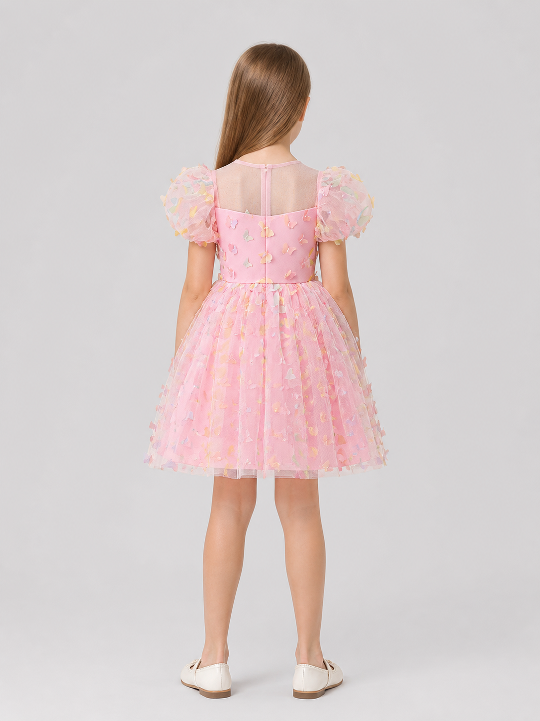 Dress with Puff Sleeves, a Full Skirt, and Butterflies back view