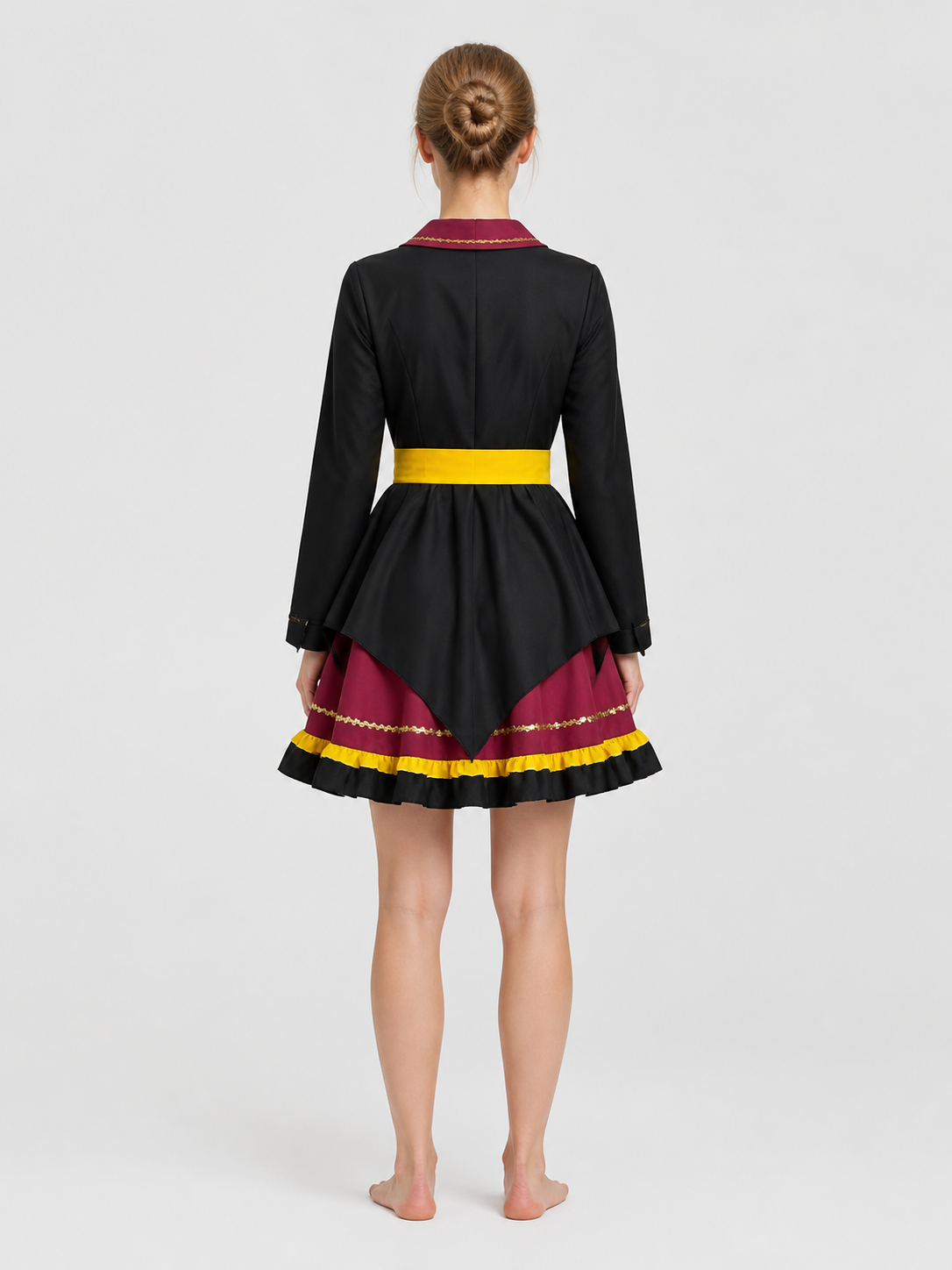 Dress with a Collar, Gold Buttons, and Ruffles back view