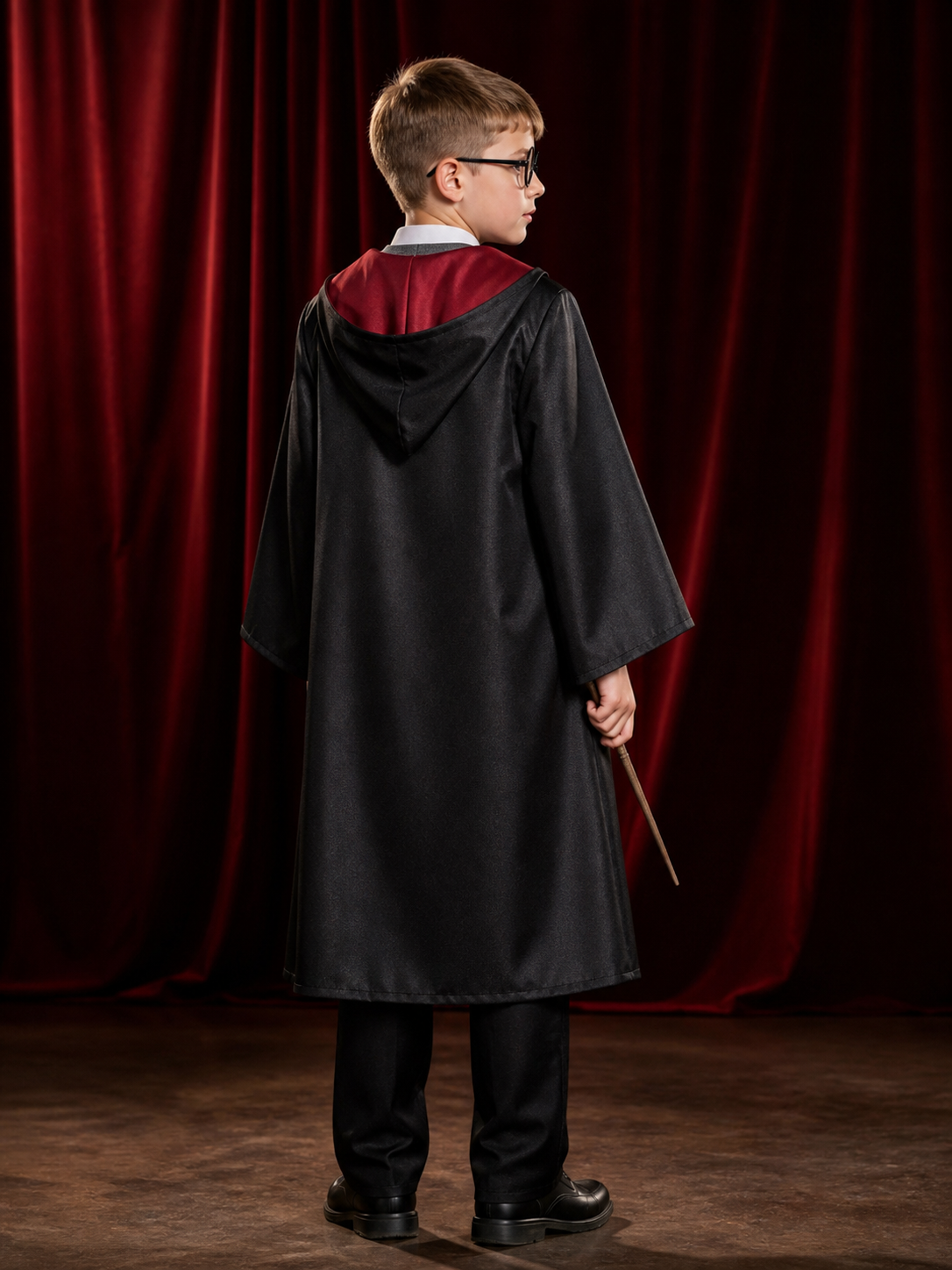Children's Wizard Costume Set With Hooded Robe, Vest, Pants And Glasses back view