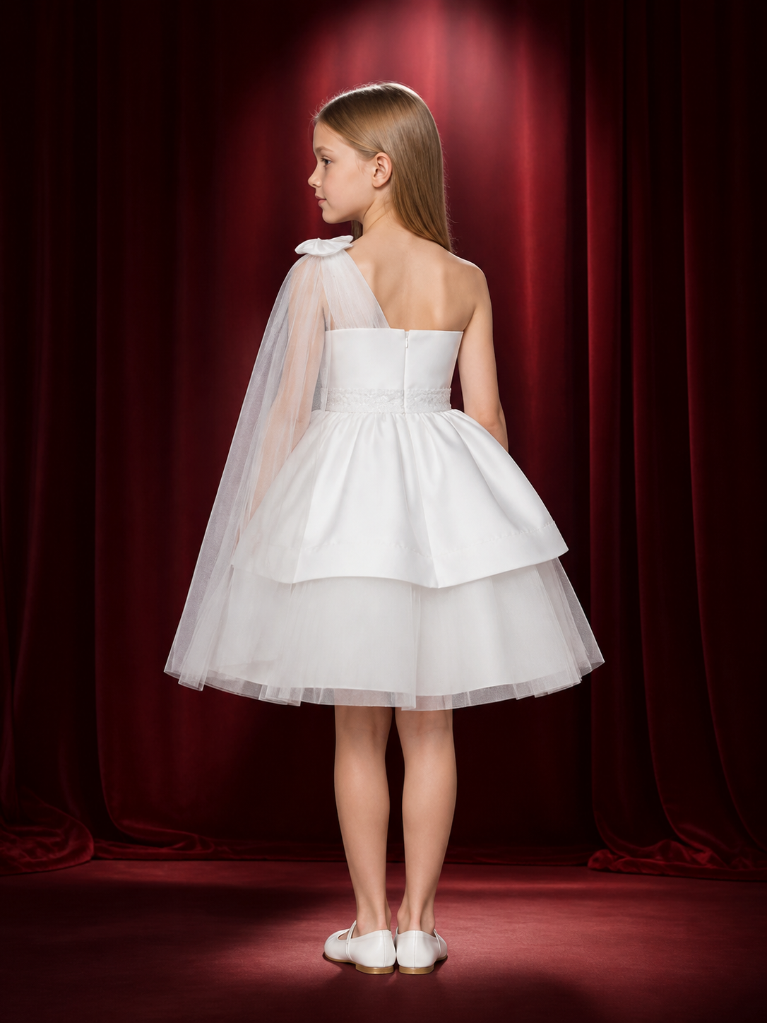 Toddler Girls' White Princess Party Dress, Sequined Bow One-Shoulder Layered back view