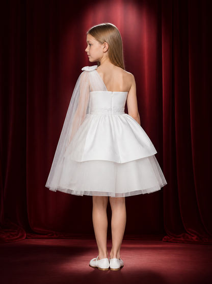 Toddler Girls' White Princess Party Dress, Sequined Bow One-Shoulder Layered back view