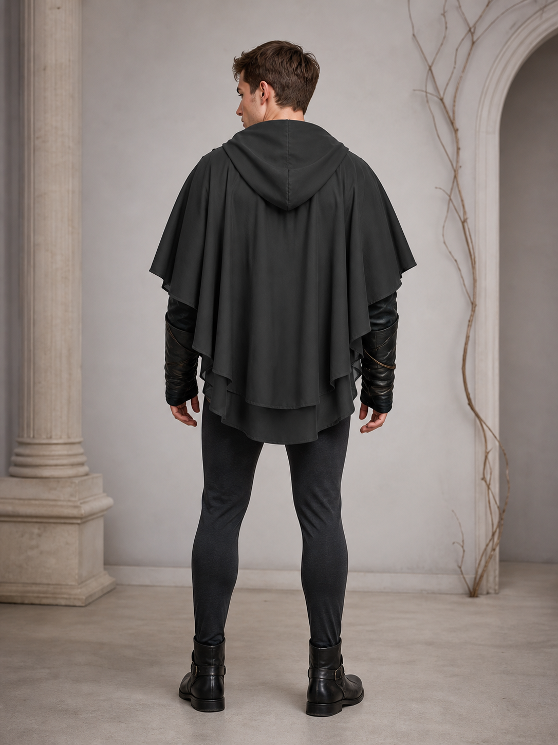 Dark Medieval Fantasy Hooded Cloak Gray Loose-Fitting Cape-Like Poncho With Oversized Hood For Cosplay Role-Playing Attire