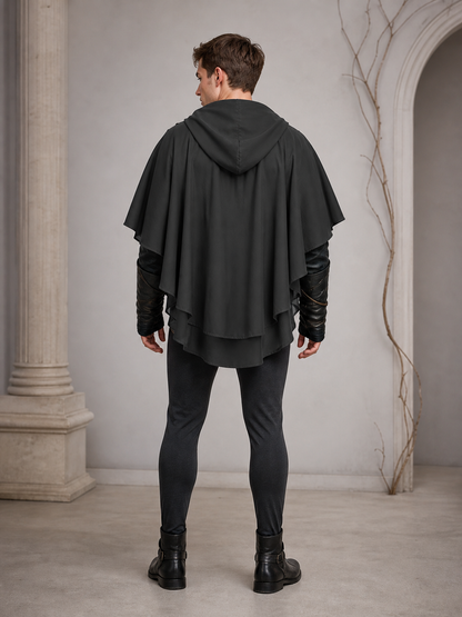 Dark Medieval Fantasy Hooded Cloak Gray Loose-Fitting Cape-Like Poncho With Oversized Hood For Cosplay Role-Playing Attire