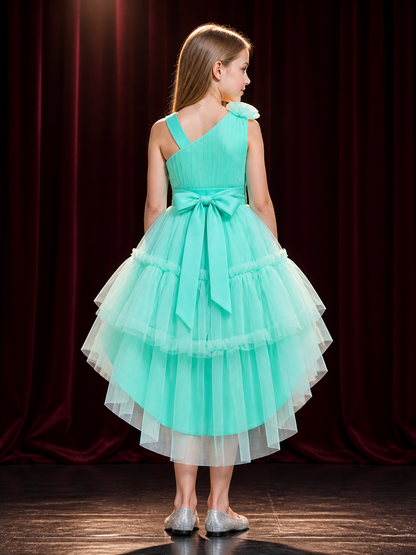 Girls' Mint Green Princess Dress, One-Shoulder Tulle Gown With Pearl Waist back view