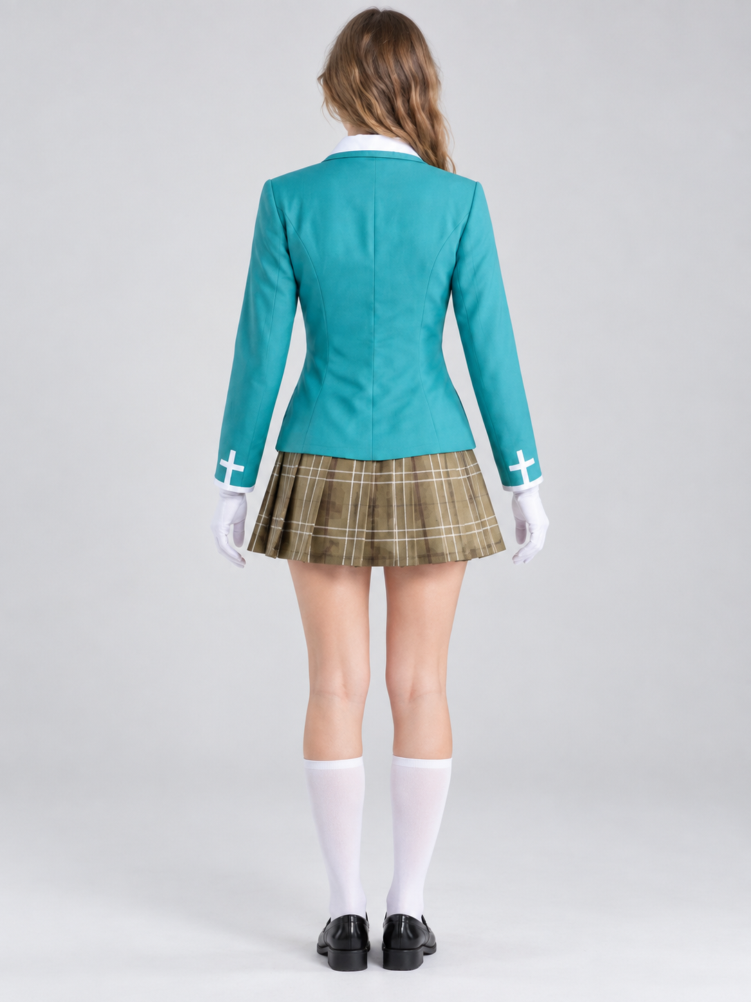 Cosplay Costume Turquoise Jacket, Cross-Pattern Plaid Skirt