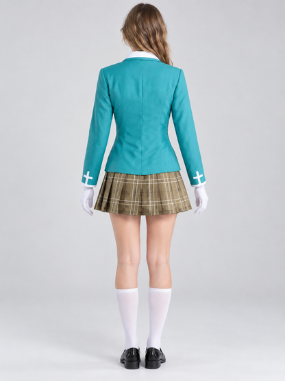 Cosplay Costume Turquoise Jacket, Cross-Pattern Plaid Skirt