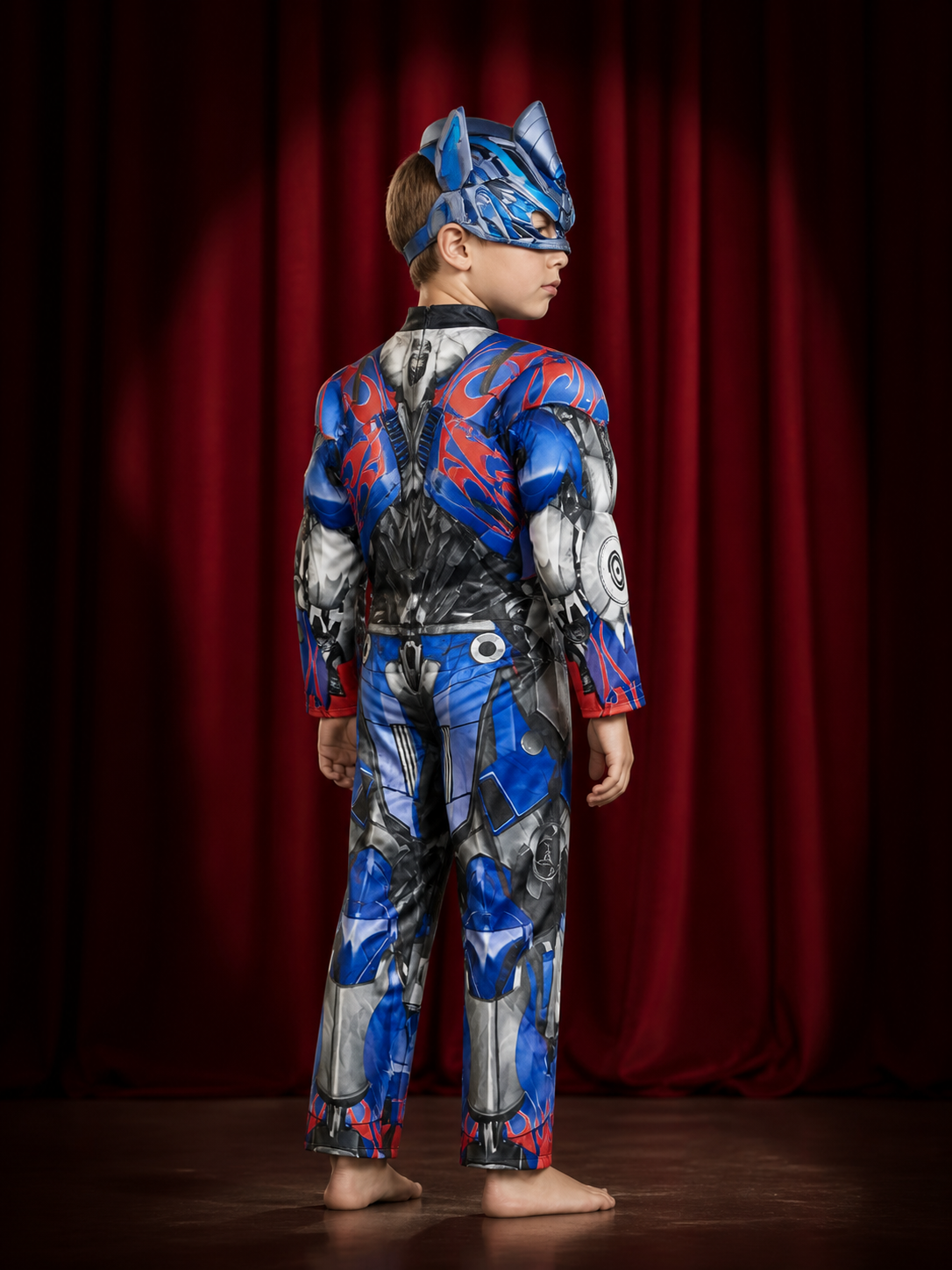 Kids Optimus Prime Costume Set, Robot Armor Jumpsuit With Character Hood back view