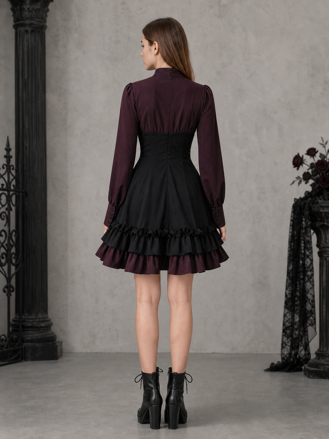 Women’s Gothic Renaissance Dress, Medieval Steampunk Style, Black And Burgundy Long Sleeve High Neck Ruffle A-Line Costume Outfit