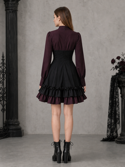 Women’s Gothic Renaissance Dress, Medieval Steampunk Style, Black And Burgundy Long Sleeve High Neck Ruffle A-Line Costume Outfit