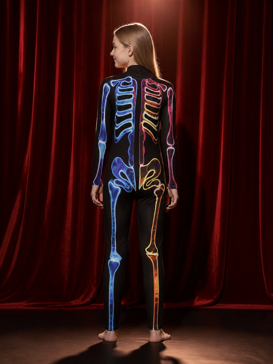 Rainbow Skeleton Bodysuit Costume with Fluorescent Bones for Halloween back view