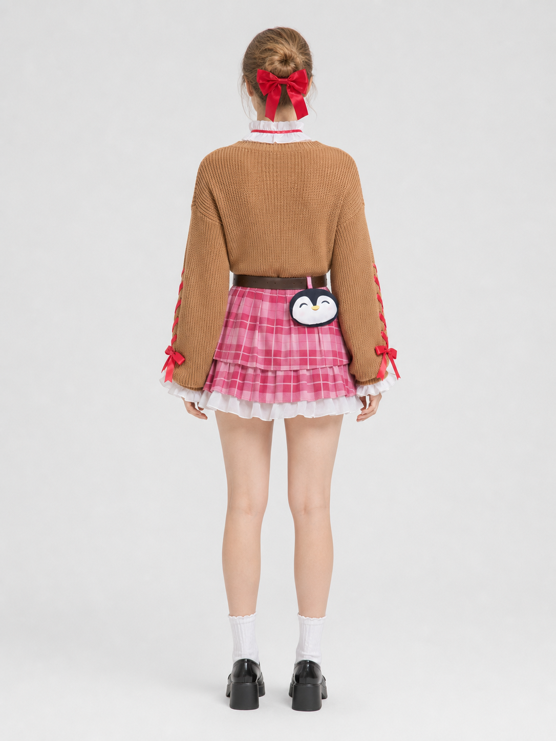 Penguin Cosplay Costume with Plaid Dress and White Ruffles back view