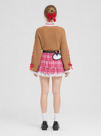 Penguin Cosplay Costume with Plaid Dress and White Ruffles back view