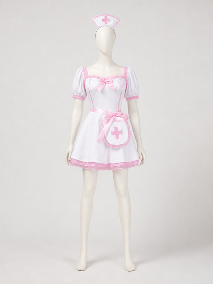Lolita Dress Set, White and Pink, with Accessories back view