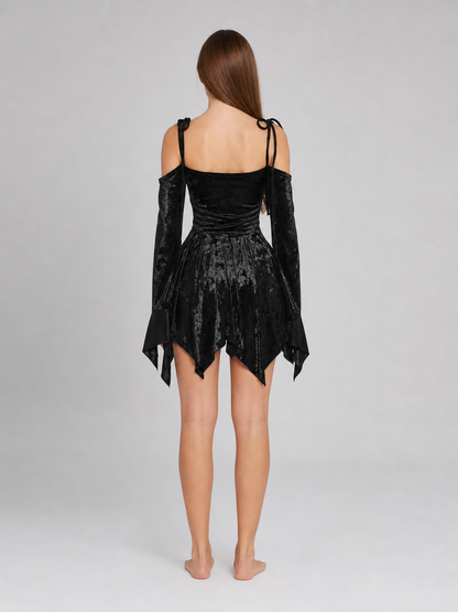 Black Mini Dress with an Asymmetrical Hem and Sleeves