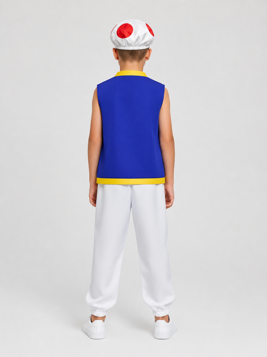 Toad Cosplay Costume: Blue Sleeveless Vest, White Pants, and Hat back view