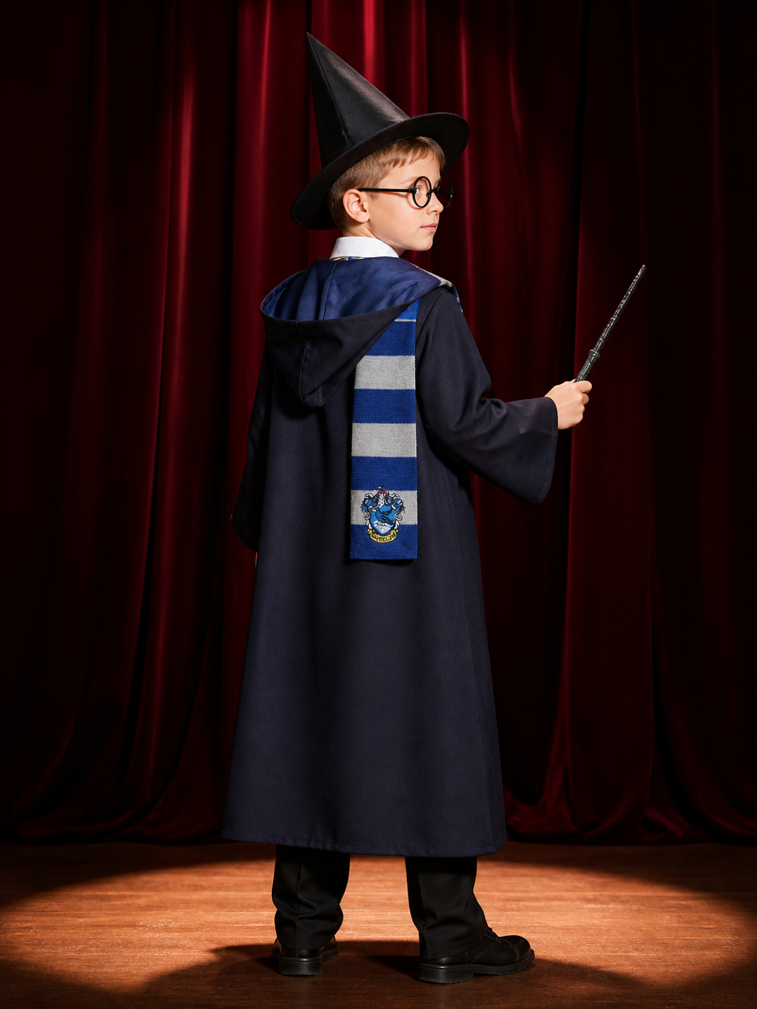 Wizard Robe Costume Set with Scarf, Tie, Hat, Glasses and Wand - Halloween back view