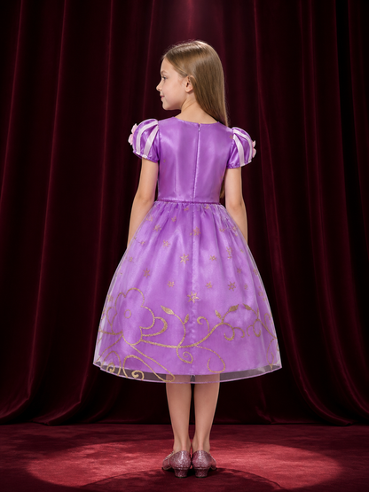 Girls Princess Puff Sleeve Tulle Dress Costume, Star and Floral Print, Halloween back view