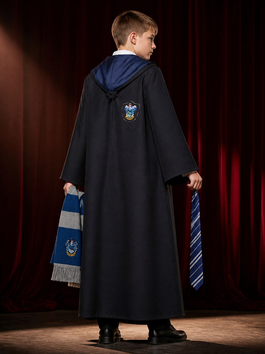 Wizard Academy Hooded Robe Costume Set with Striped Tie and Scarf back view
