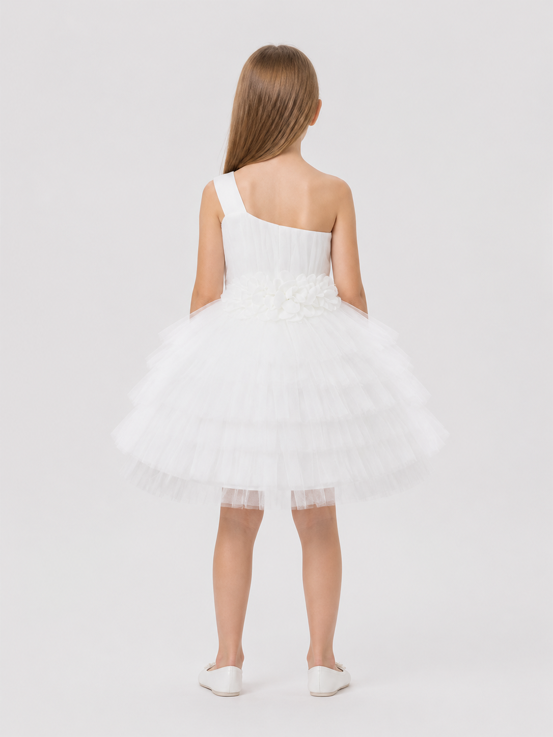 White Girls’ Dress with a Full Tulle Skirt back view