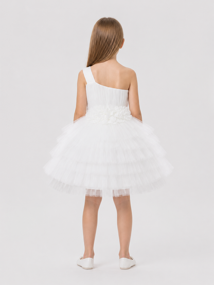 White Girls’ Dress with a Full Tulle Skirt back view