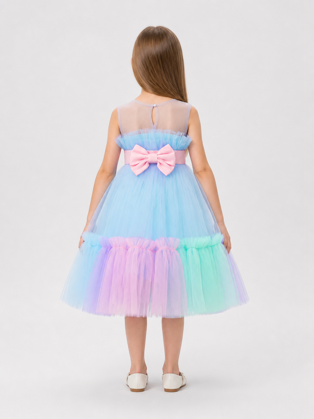 Full Dress with a Layered Mesh Skirt and Bow back view