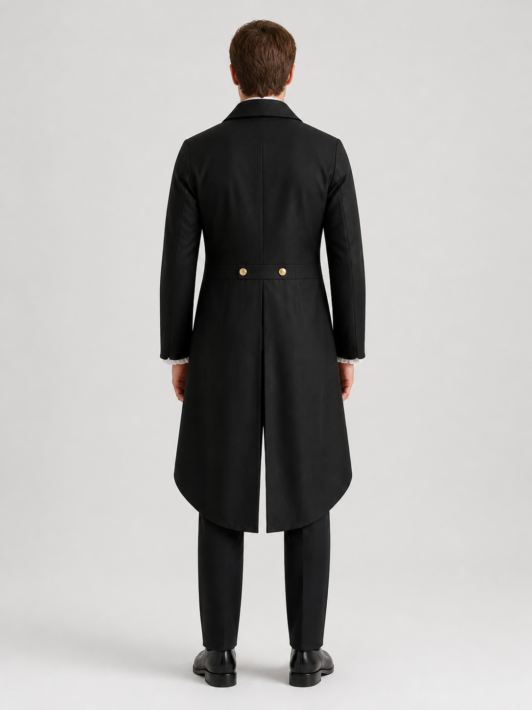 Black elongated tailcoat in Gothic style with lapels back view