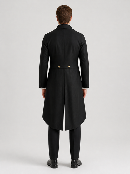 Black elongated tailcoat in Gothic style with lapels back view