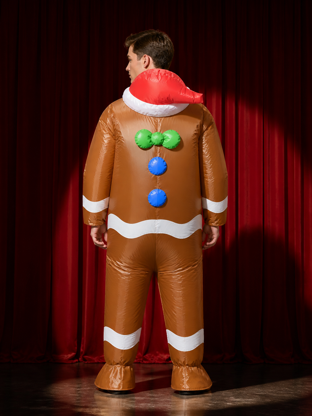 Gingerbread Man Inflatable Costume, Red Hat and Green Bow Tie, White Trim back view
