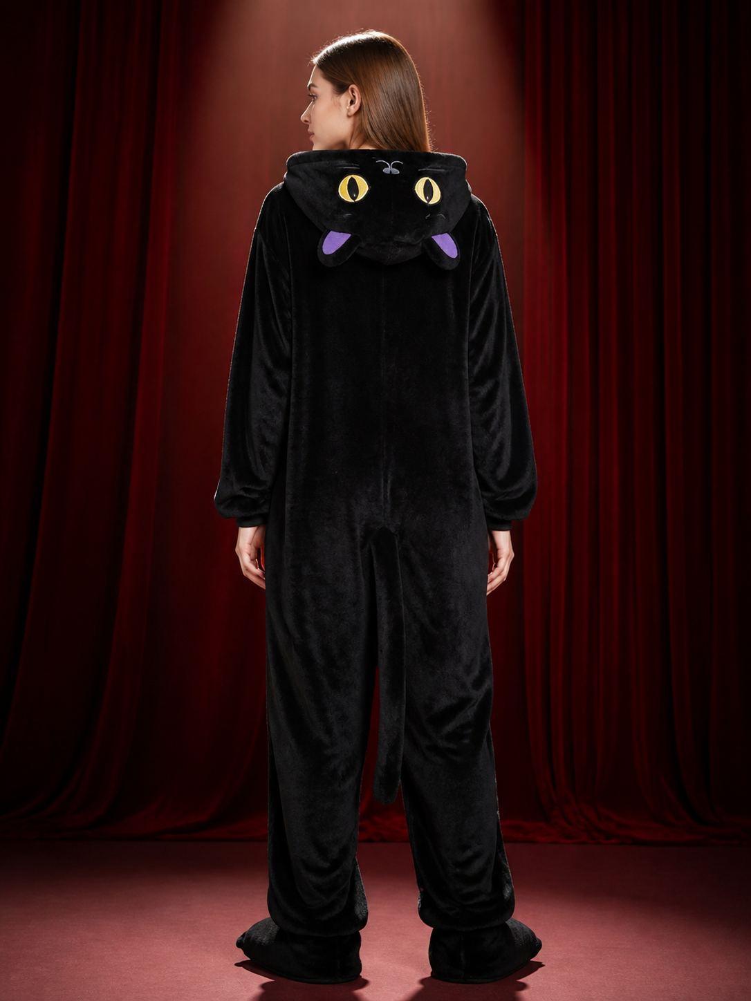 Midnight Cat Hooded Animal Onesie, Black and Purple Tail Costume back view