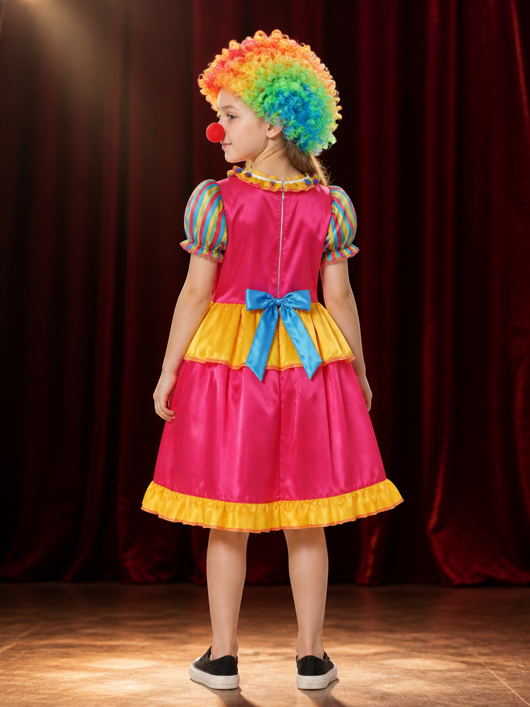 Kids' Rainbow Clown Costume Set with Wig and Nose, Colorful Party Cosplay Outfit back view