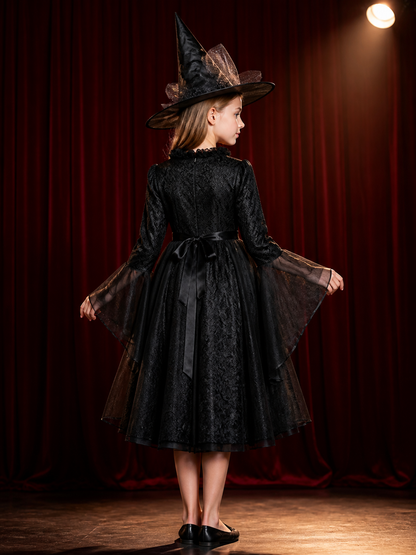 Black Gothic Witch Costume Set with Dress and Hat, Mesh Trim, Halloween Outfit