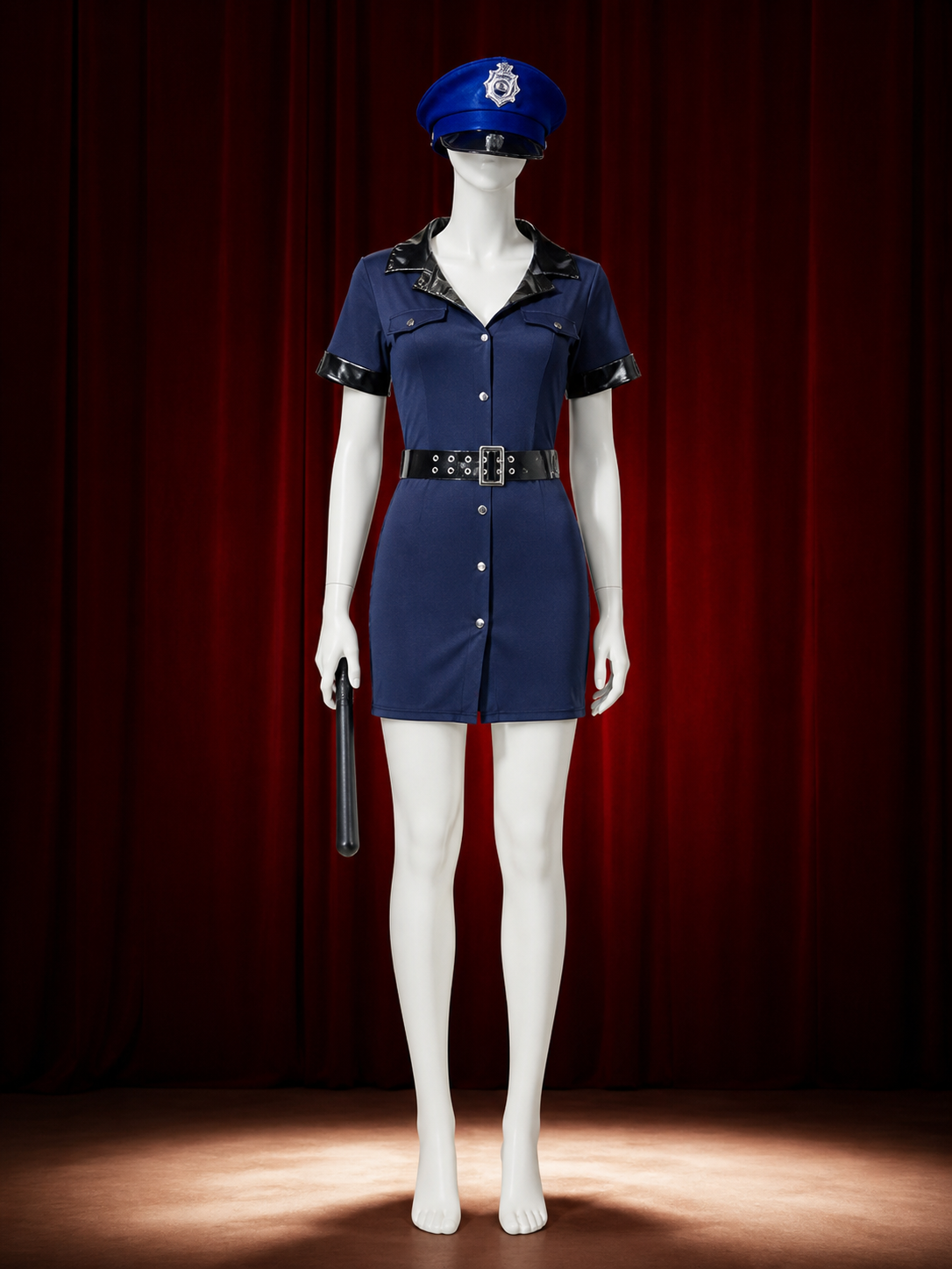 Women's Police Costume Set With Dress, Hat, Baton And Belt, Halloween Cosplay back view